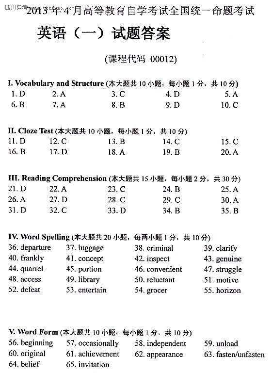 全國(guó)2013年4月自考英語(yǔ)一參考答案